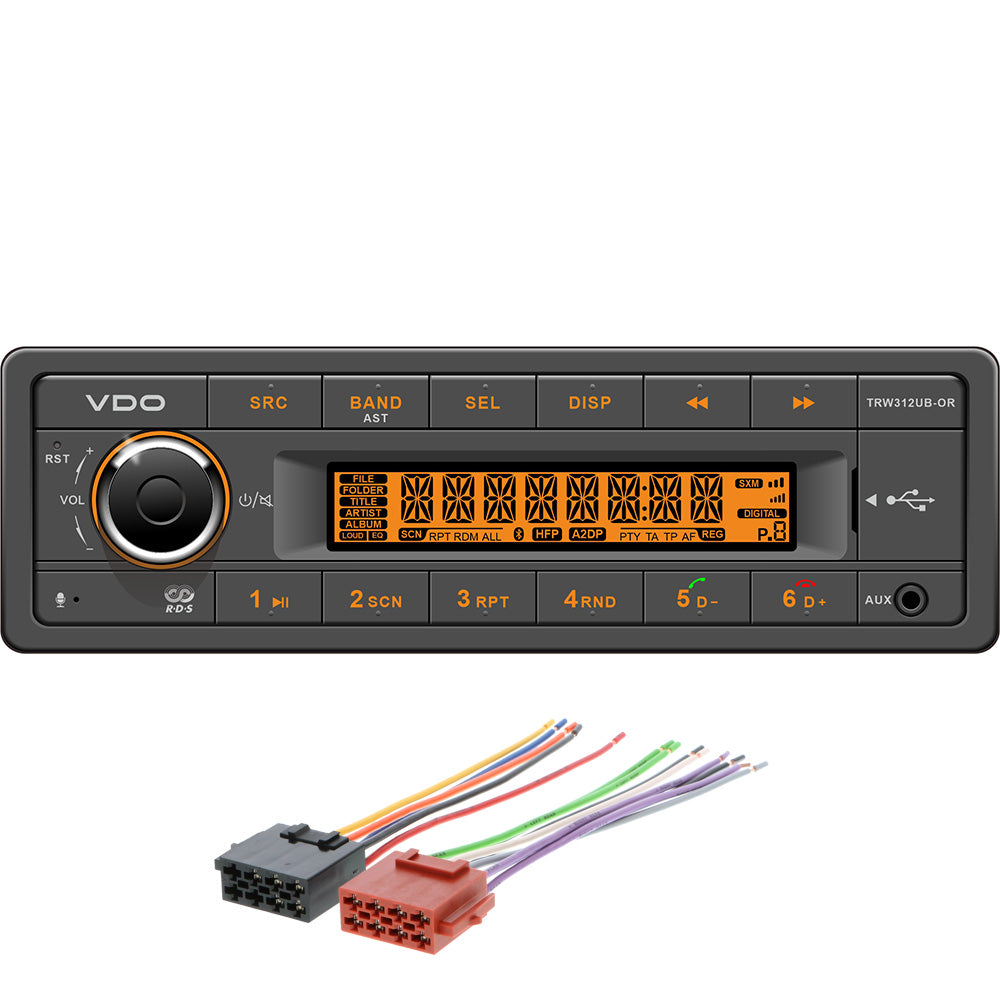 VDO 12V Radio w/FM RDS Tuner MP3/WMA/USB/Bluetooth - Orange Illumination - Includes Power Speaker Wire Harness - TRW312UB-ORK