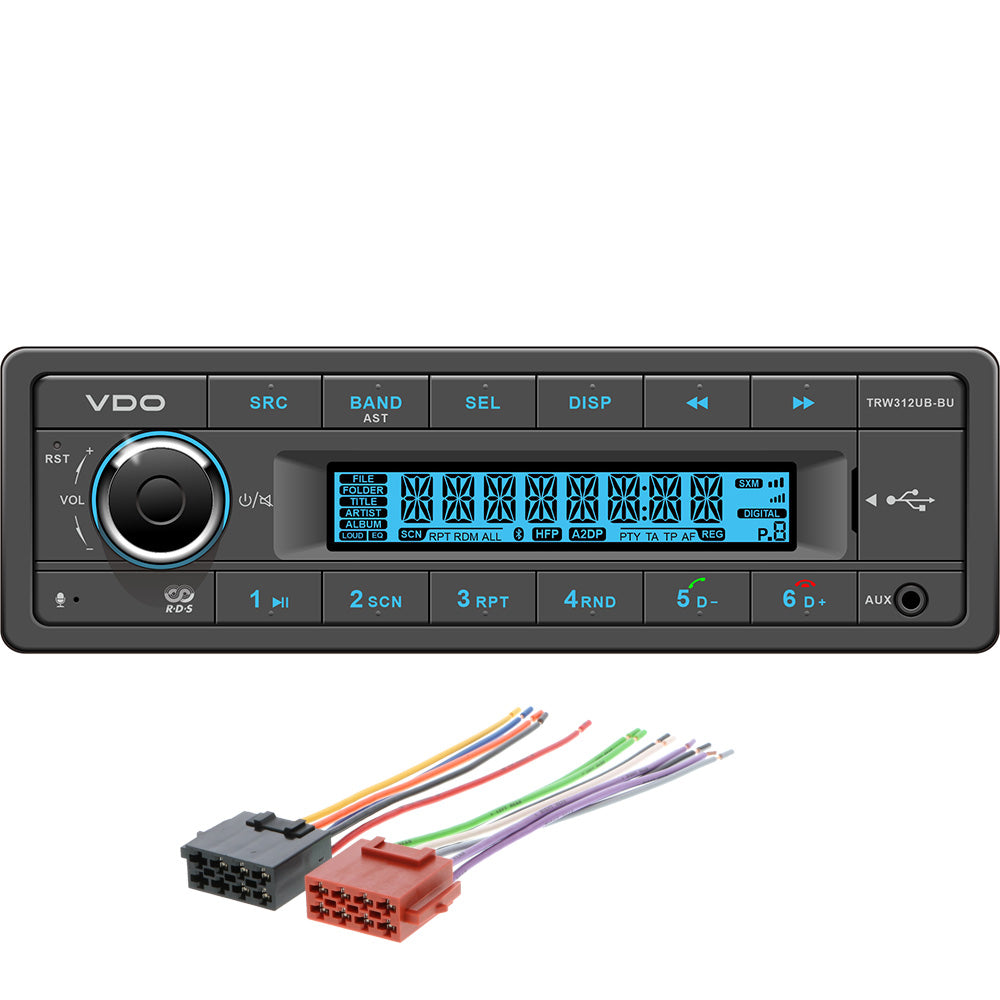 VDO 12V Radio w/FM RDS Tuner MP3/WMA/USB/Bluetooth - Blue Illumination - Includes Power Speaker Harness - TRW312UB-BUK
