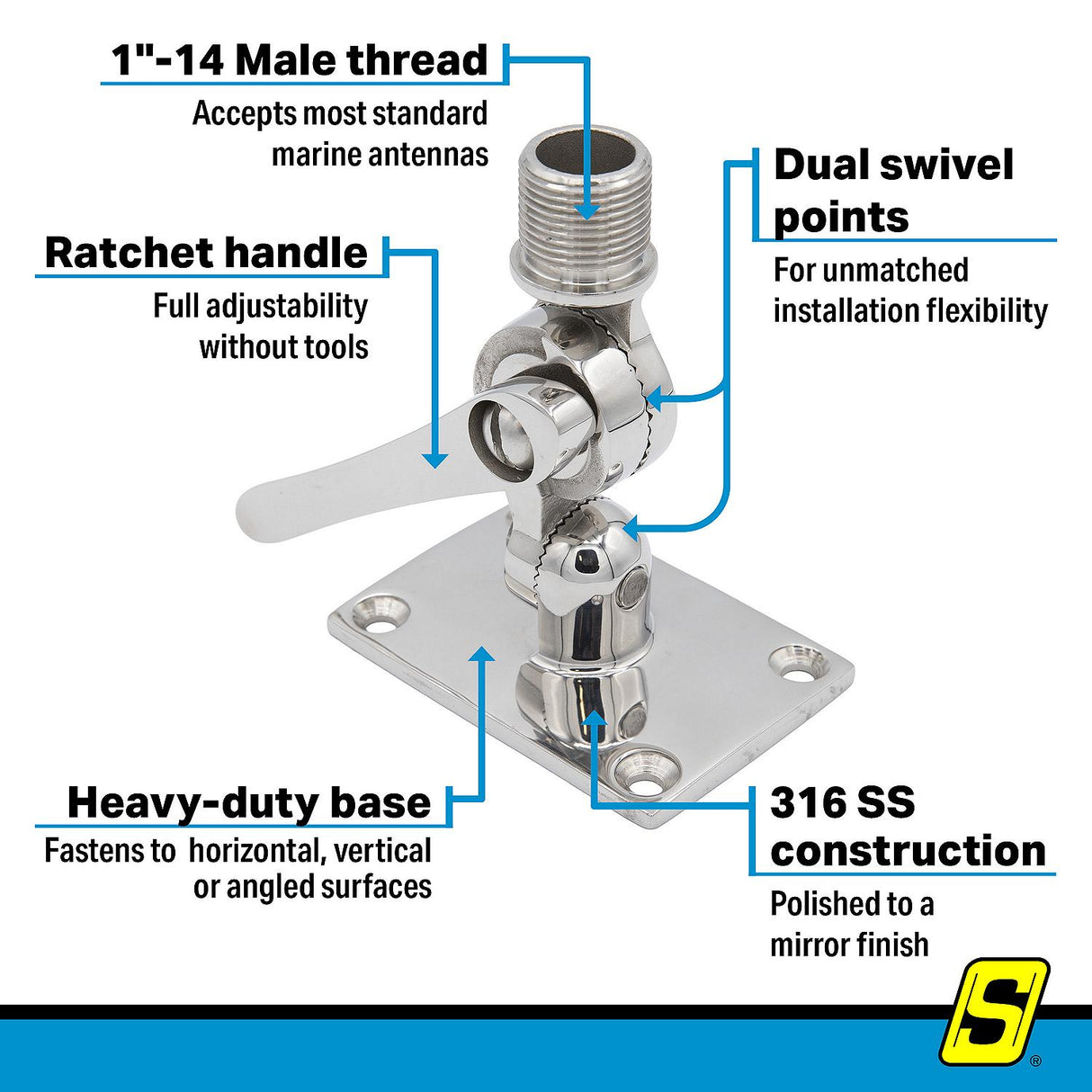 Seachoice 19722 Universal Antenna Ratchet-Mount Base, 316 Stainless Steel - 61C2051 - image 11