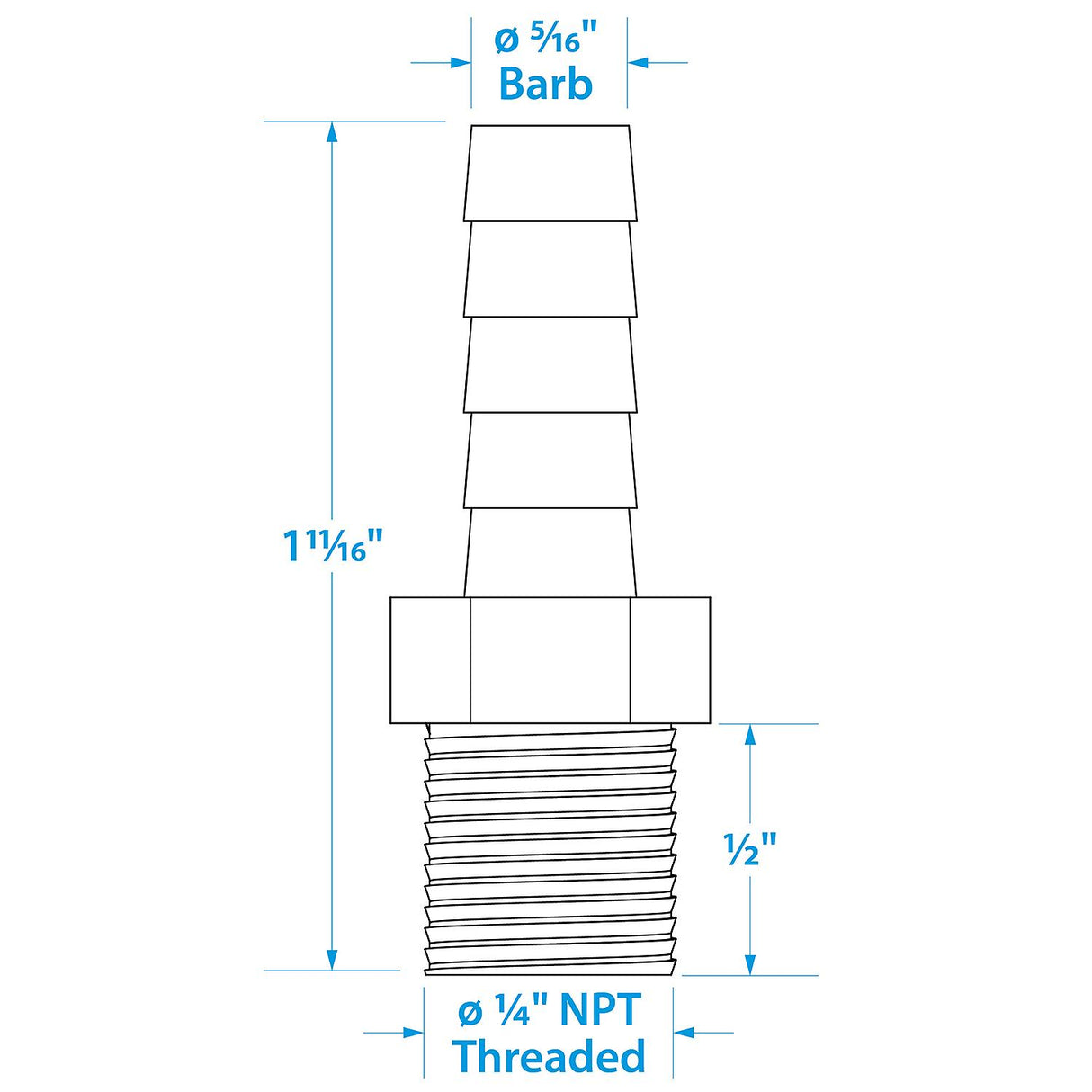 Seachoice Male Hose Barb, 5/16 In. With 1/4 In. Thread - 50-20811