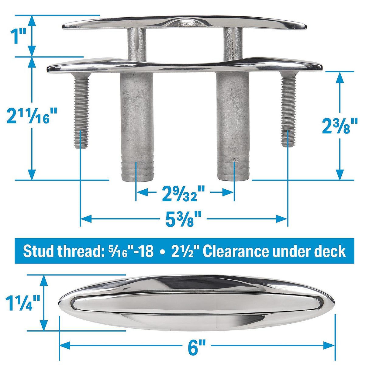 Seachoice 30052 316 Cast Stainless Steel Pull Up Cleat w/ Studs, Flush Mount, 6" long - 54023 - image 4