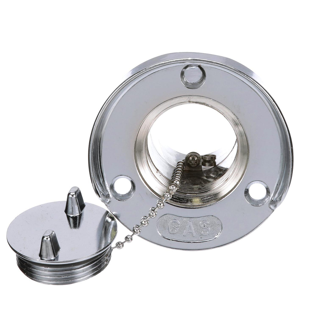 Seachoice Deck Mount Gas Fill Plate w/ Cap, Chrome-Plated Zinc, Includes Rubber Gasket and Beaded Chain Cap Tether - 32041