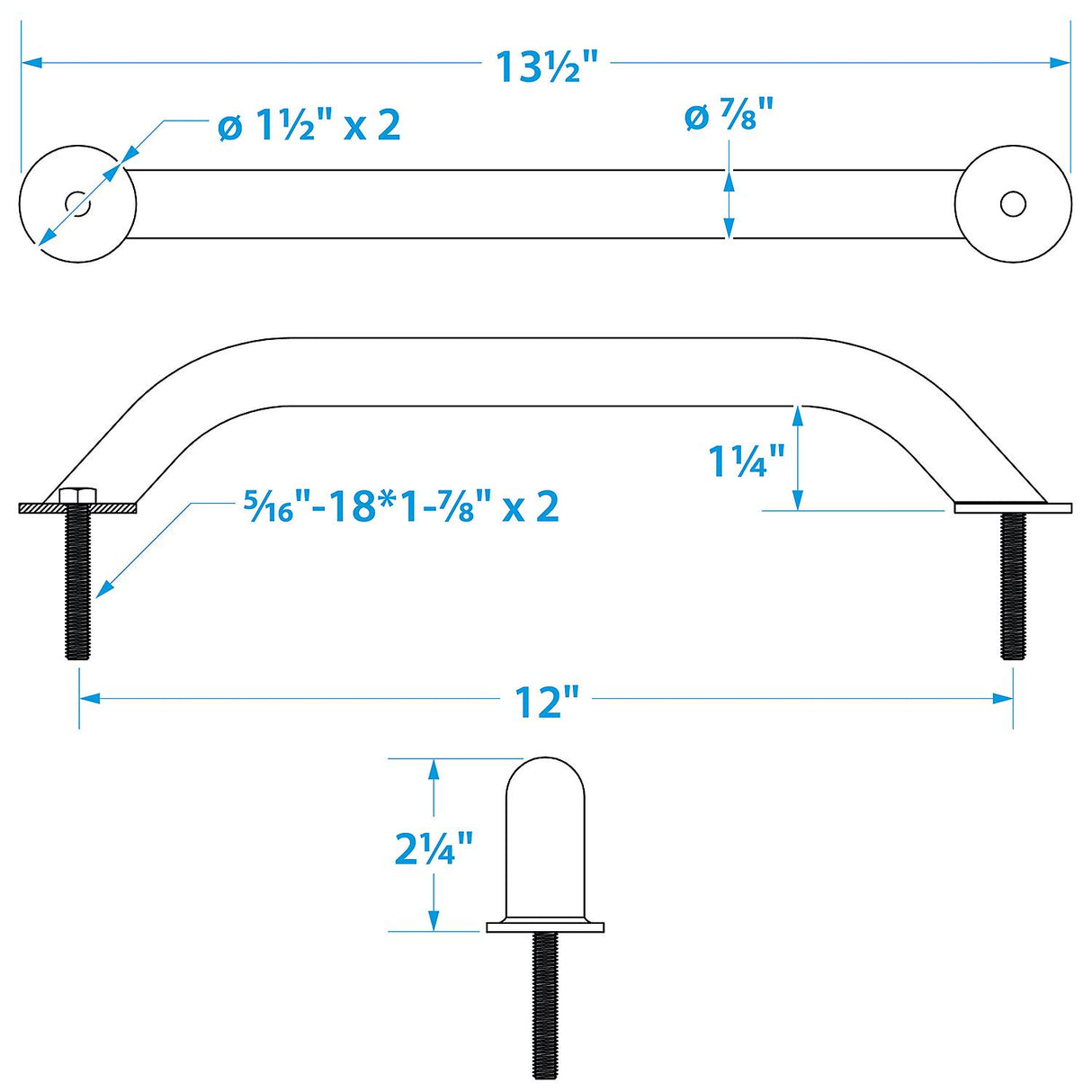 Seachoice Hand Rail w/ Studs, 12 In. Long, 304 Stainless Steel, 5/16-18 X 1-7/8 In. Studs - 38341