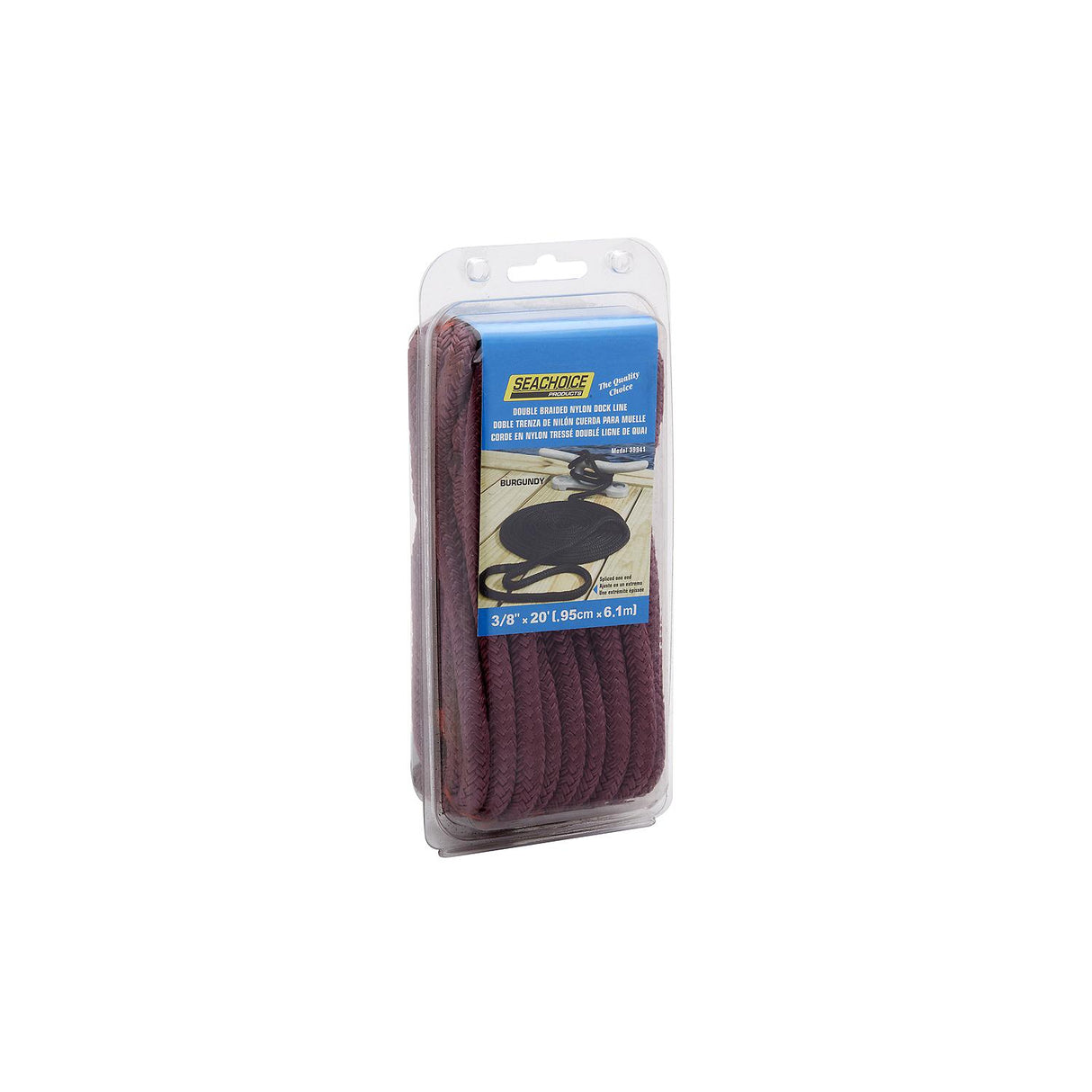 Seachoice Double-Braid Nylon Dock Line w/ Eye Splice, Pre-Shrunk, Heat Stabilized, 3/8 In. X 20 Ft., Burgundy - 39941