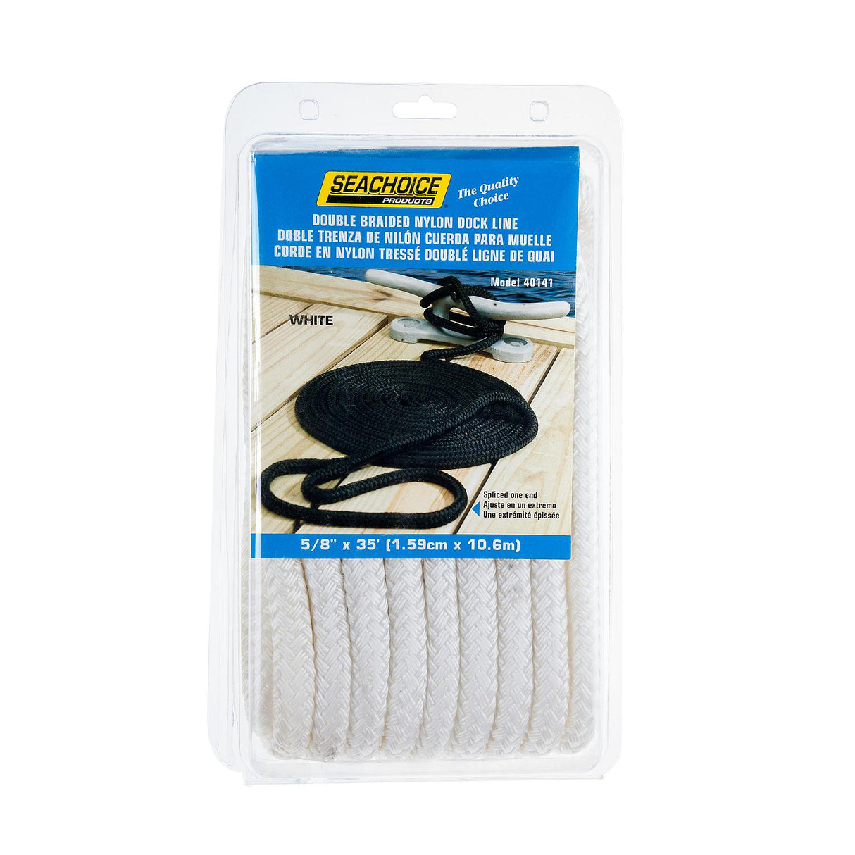 Seachoice Double Braid Nylon Dock Line, White, 5/8 in. X 35 Ft., 15 in. Eye Splice, Pre-Shrunk, Heat Stabilized - 40141