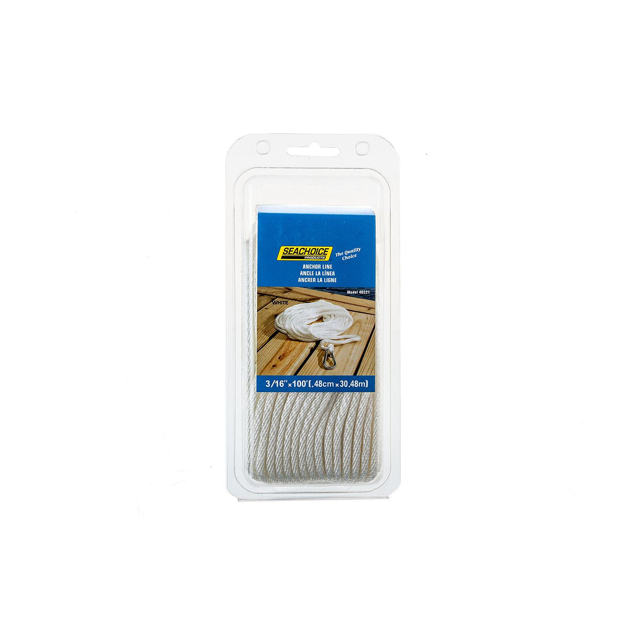 Seachoice Anchor Line Rope, Hollow Braid, Polypropylene, White, Spring Hook, 3/16 In. X 100 Ft. - 40221