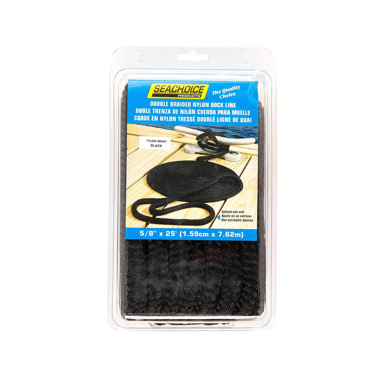 Seachoice Double-Braid Nylon Dock Line w/ Eye Splice, Pre-Shrunk, Heat Stabilized, 5/8 In. X 25 Ft., Black - 40441