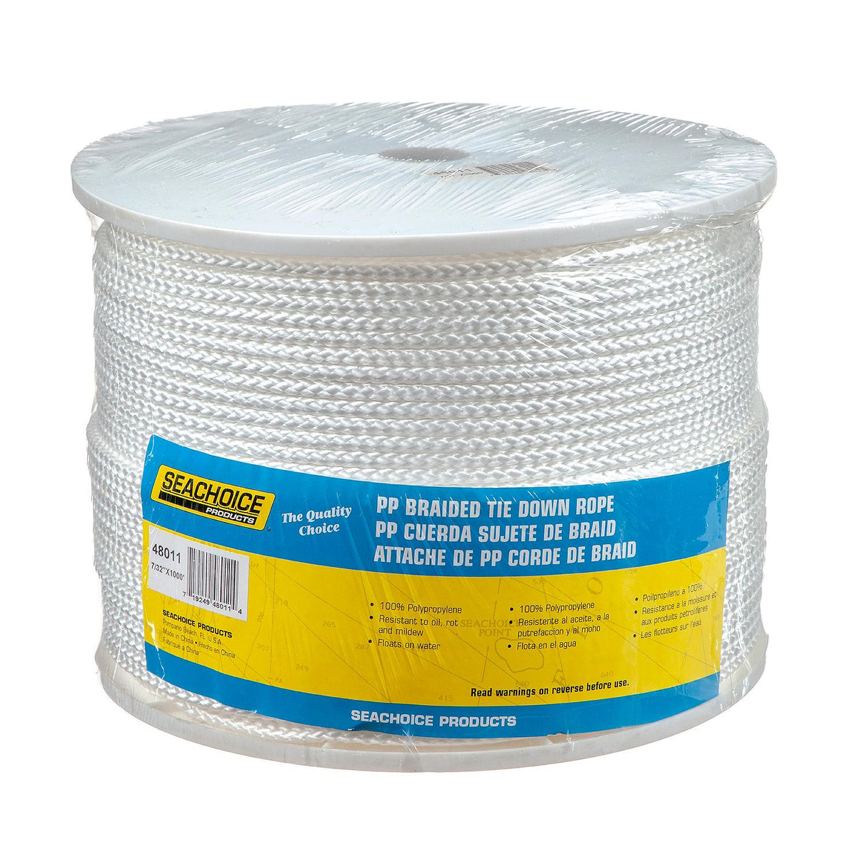 Seachoice Boat Tie Down Cord, White, 7/32 in. X 1,000 Ft., 825 Lbs. Tensile Strength, 8-Strand Braided Polypropylene - 48011