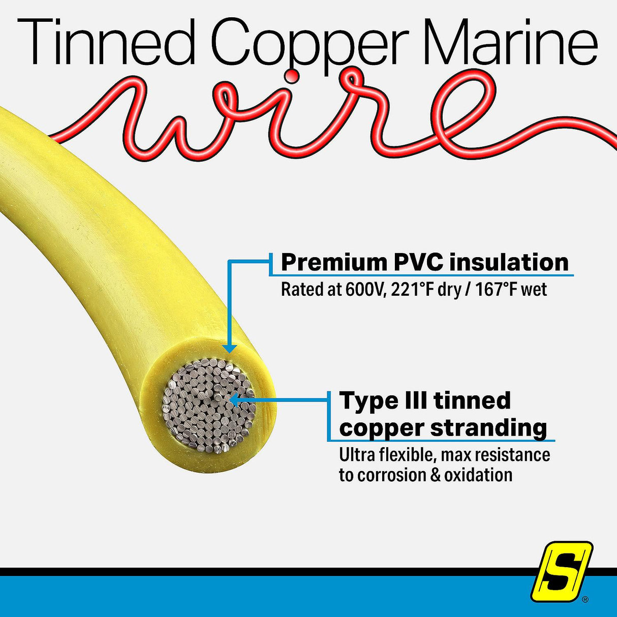 Seachoice 63067 Tinned Copper Marine Wire, 10 AWG, Yellow, 100' - 10TC-YELLOW-100 - official Seachoice product image 5