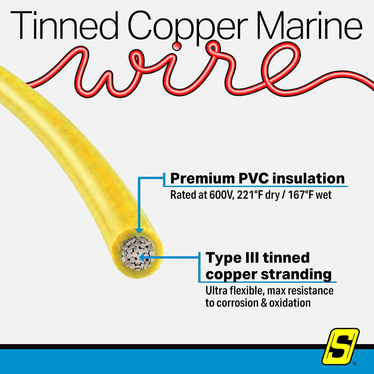 Seachoice 63127 Tinned Copper Marine Wire, 16 AWG, Yellow, 100' - 16TC-YELLOW-100 - official Seachoice product image 8