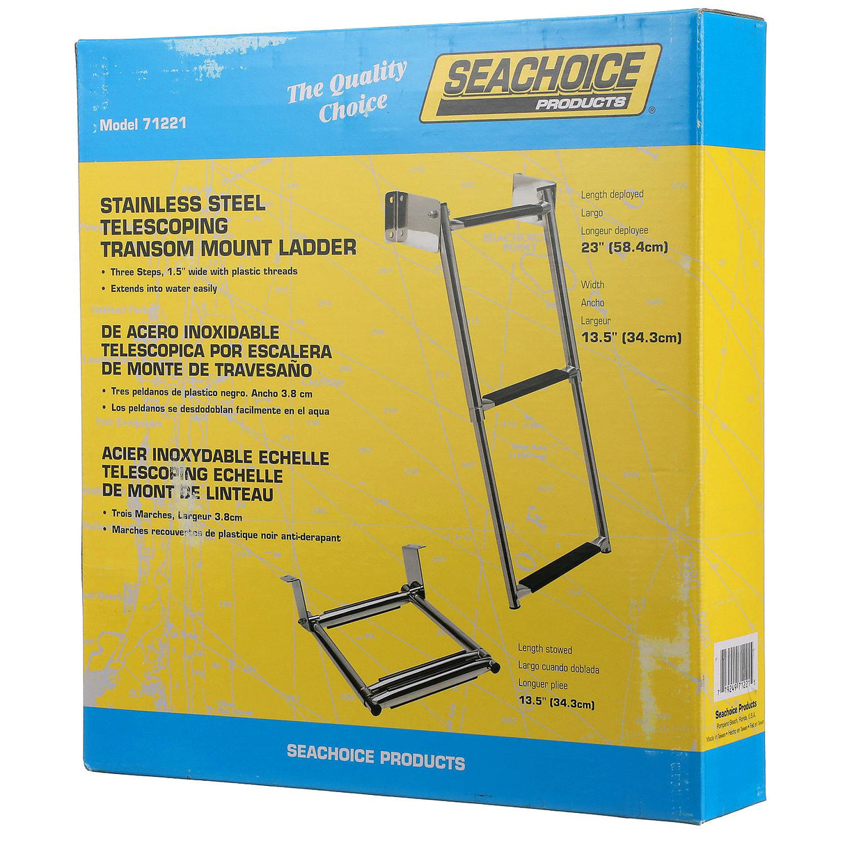 Seachoice Telescoping Transom Mount Ladder, Stainless Steel, 3 Steps, 300 Lb. Capacity - 71221