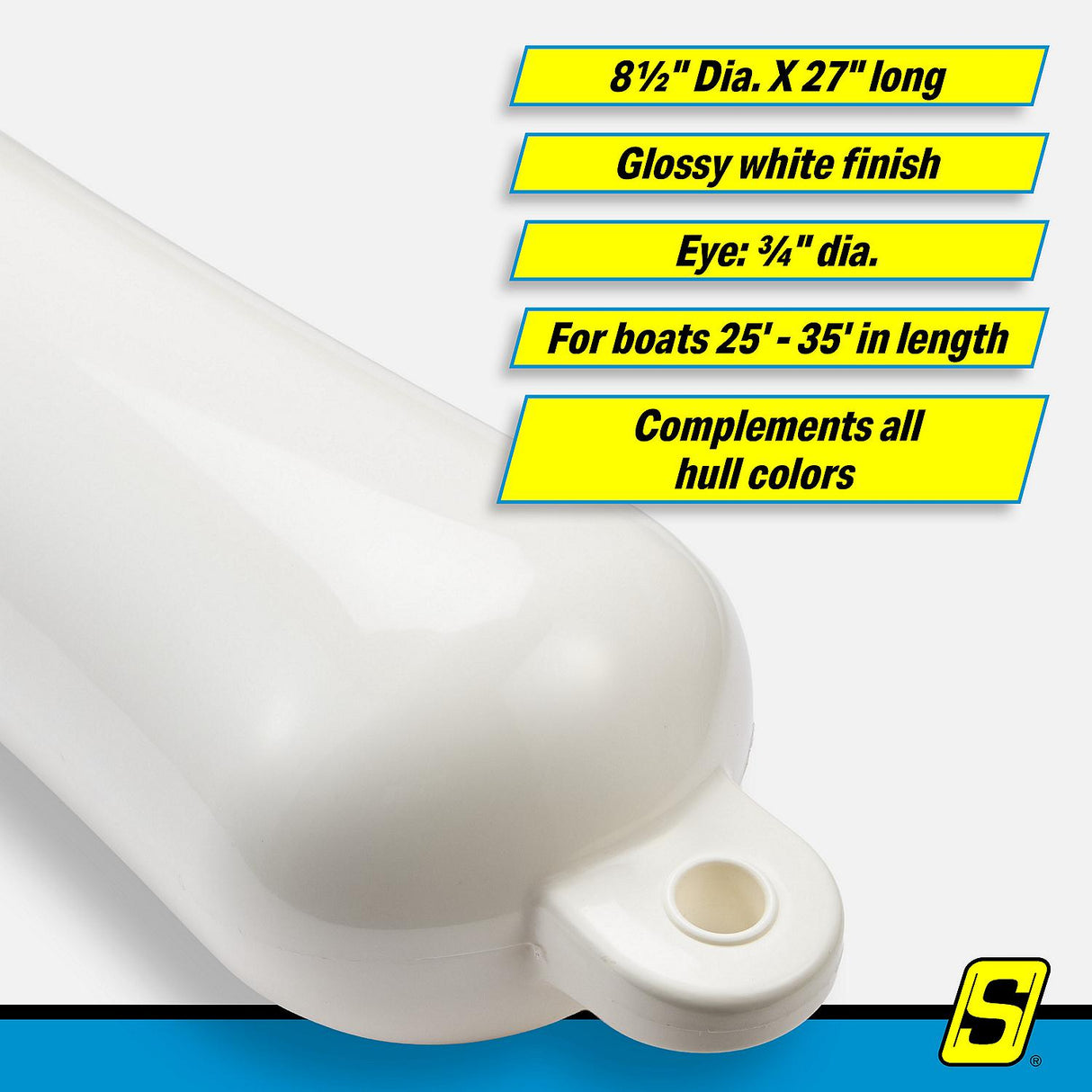 Seachoice 79033 Twin Eye Smooth Fender White, 8.5" x 27" - DE74271S - official Seachoice product image 8