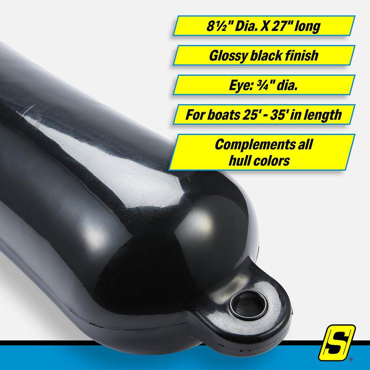 Seachoice 79073 Twin Eye Smooth Fender Black, 8.5" x 27" - DE74276S - official Seachoice product image 7
