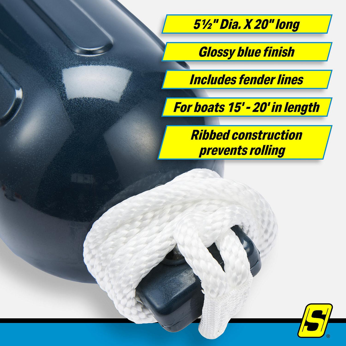 Seachoice 79253 Twin Eye Ribbed Fender Kit (Includes 2 5.5" x 20" Blue Fenders and 2 Matching 3/8 x 5' Fender Lines) - DE77202S - official Seachoice product image 7