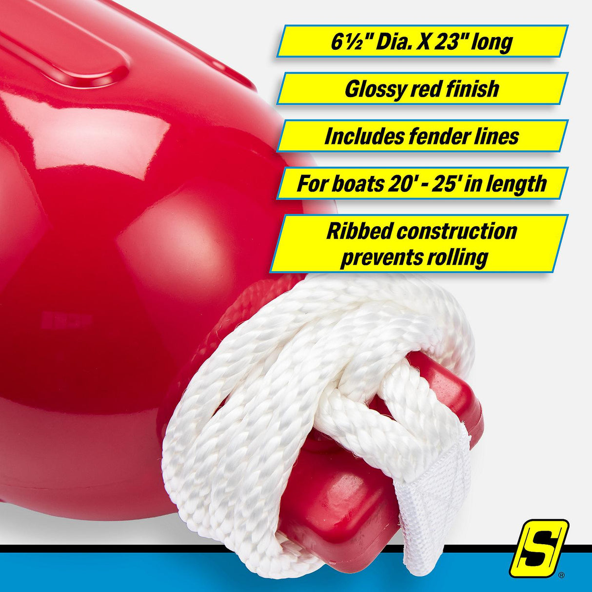Seachoice 79276 Twin Eye Ribbed Fender Kit (Includes 2 6.5" x 23" Red Fenders and 2 Matching 3/8 x 5' Fender Lines) - DE77233S - official Seachoice product image 10