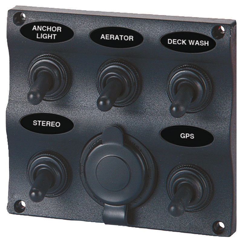 Seasense Wave Design Toggle Switch Panel with 12 volt Power Socket (5 Gang) - 50031295 - image 1