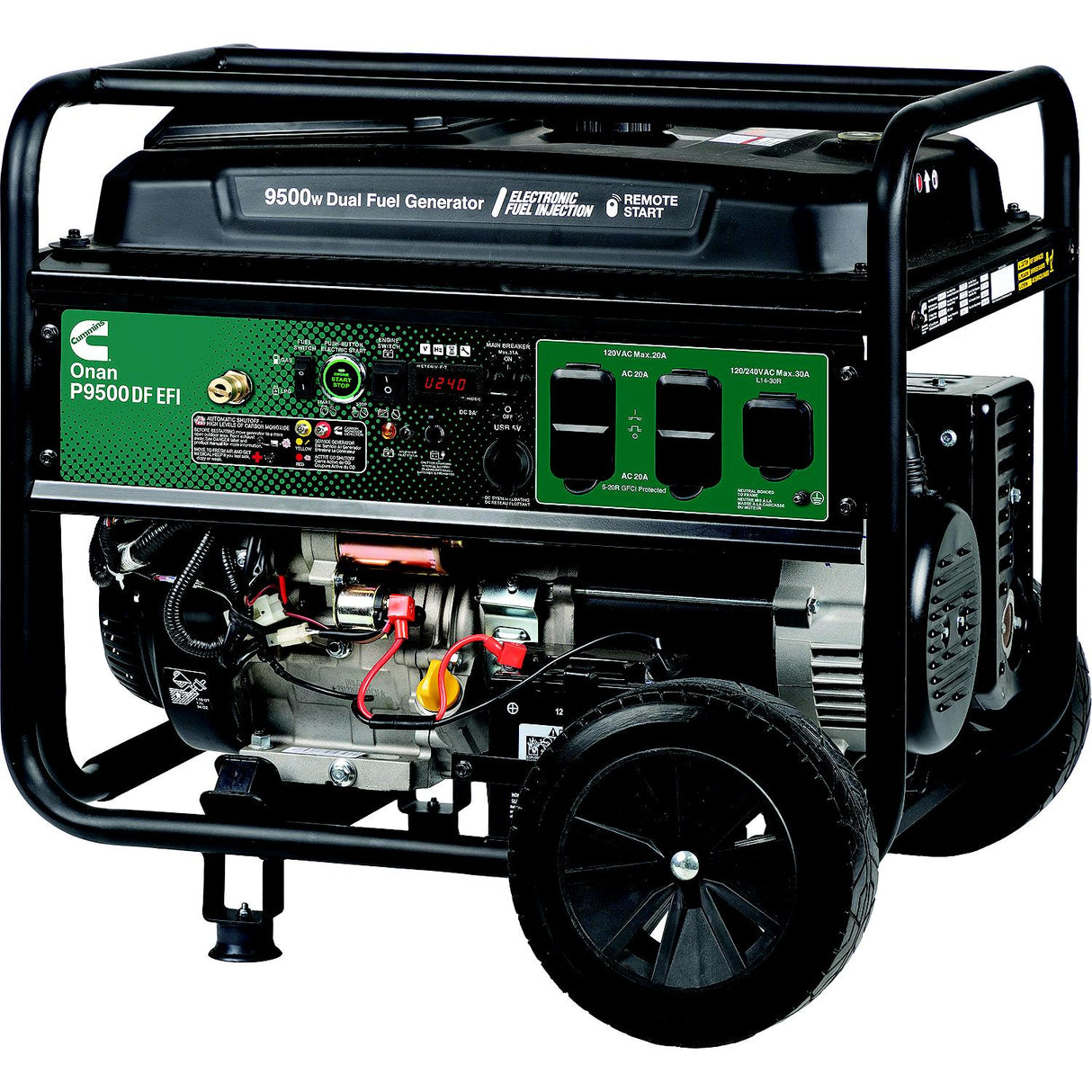 Onan (Cummins) Designed in a dual-fuel setup, it runs on gasoline or propane (LPG) with the flip of a switch. Producing 9500 peak watts and 7500 running watts of power (using gasoline),is paired with a 6.6-gallon fuel tank With the included remote starter