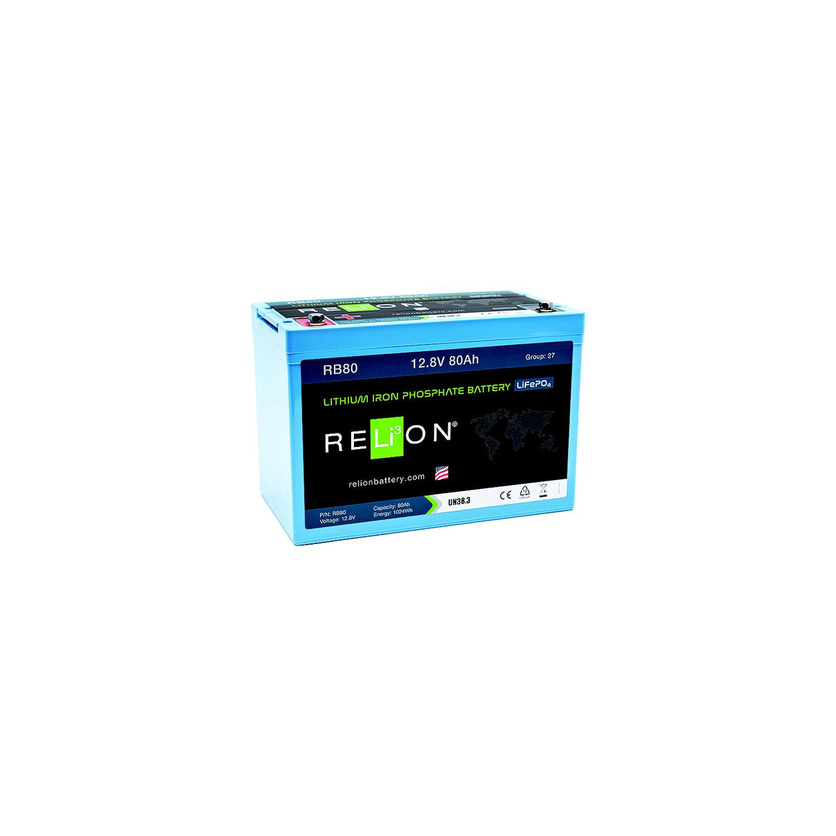 RELiON RB80 LiFePO4 Lithium Iron Phosphate 12V Battery, Group 27 - RB80