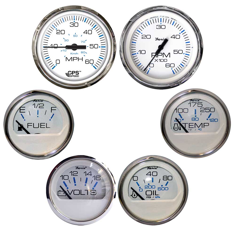 Faria Chesapeake White w/Stainless Steel Bezel Boxed Set of 6 - Speed, Tach, Fuel Level, Voltmeter, Water Temperature Oil PSI