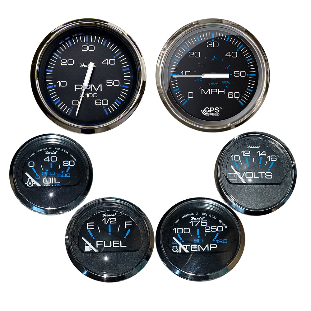 Faria Chesapeake Black w/Stainless Steel Bezel Boxed Set of 6 - Speed, Tach, Fuel Level, Voltmeter, Water Temperature Oil PSI