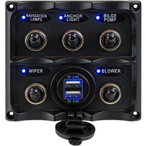 Sea-Dog Water Resistant Toggle Switch Panel w/USB Power Socket - 5 Toggle - 424617-1