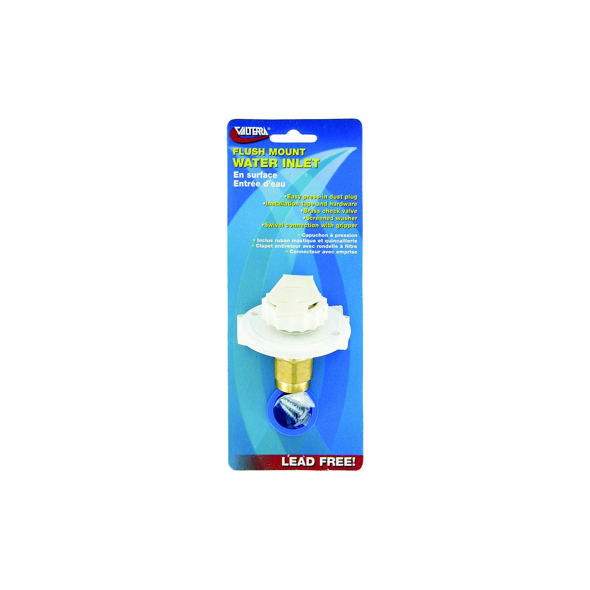 Valterra White Flush Mount FPT Brass Check Valve RV Water Inlet | Includes Screws, Putty Tape & Teflon Tape - A01-0171LFVP - image 1