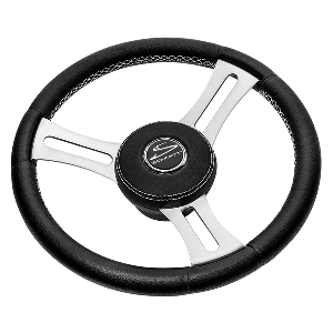Schmitt Marine Torcello Elite 14" Wheel - Black Leather & Cap - White Stitching - Polished SS Spokes - 3/4" Tapered Shaft - PU085241
