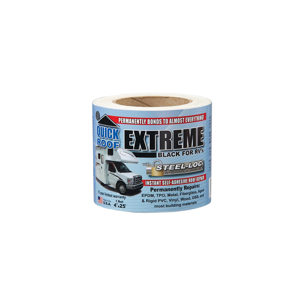 Cofair Products Inc - Quick Roof Extreme B-UBE425 Instant Self-Adhesive Black Roof Tape for RV's, 4" x 25' - B-UBE425