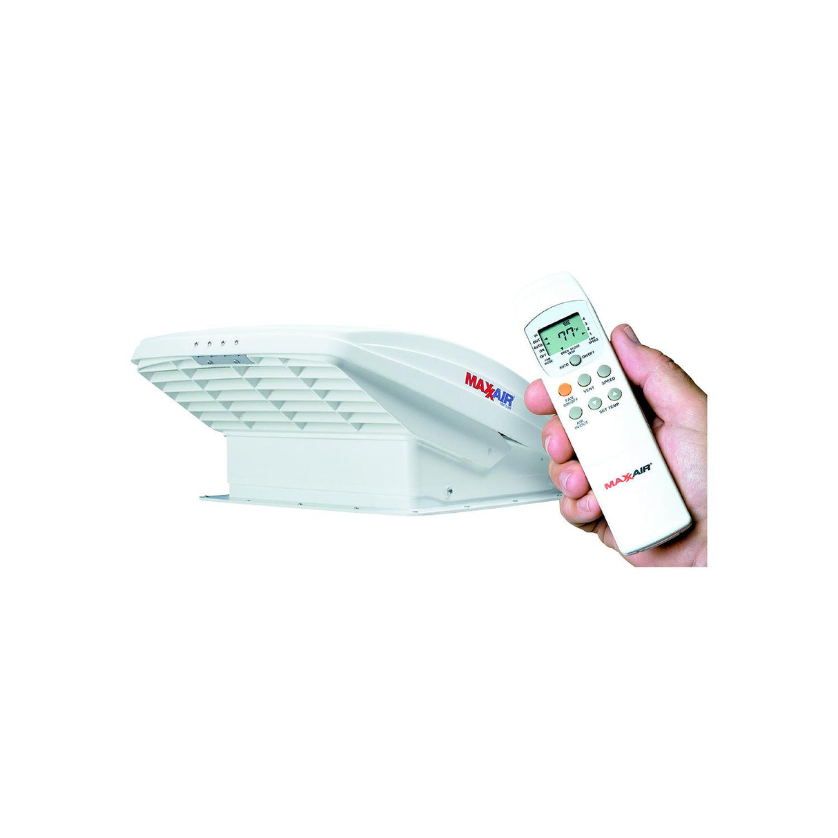MaxxAir MaxxFan Deluxe 0007000K White RV 10-Speed Fan w/Electric Opening, Remote Control & Rain Shield - 00-07000K
