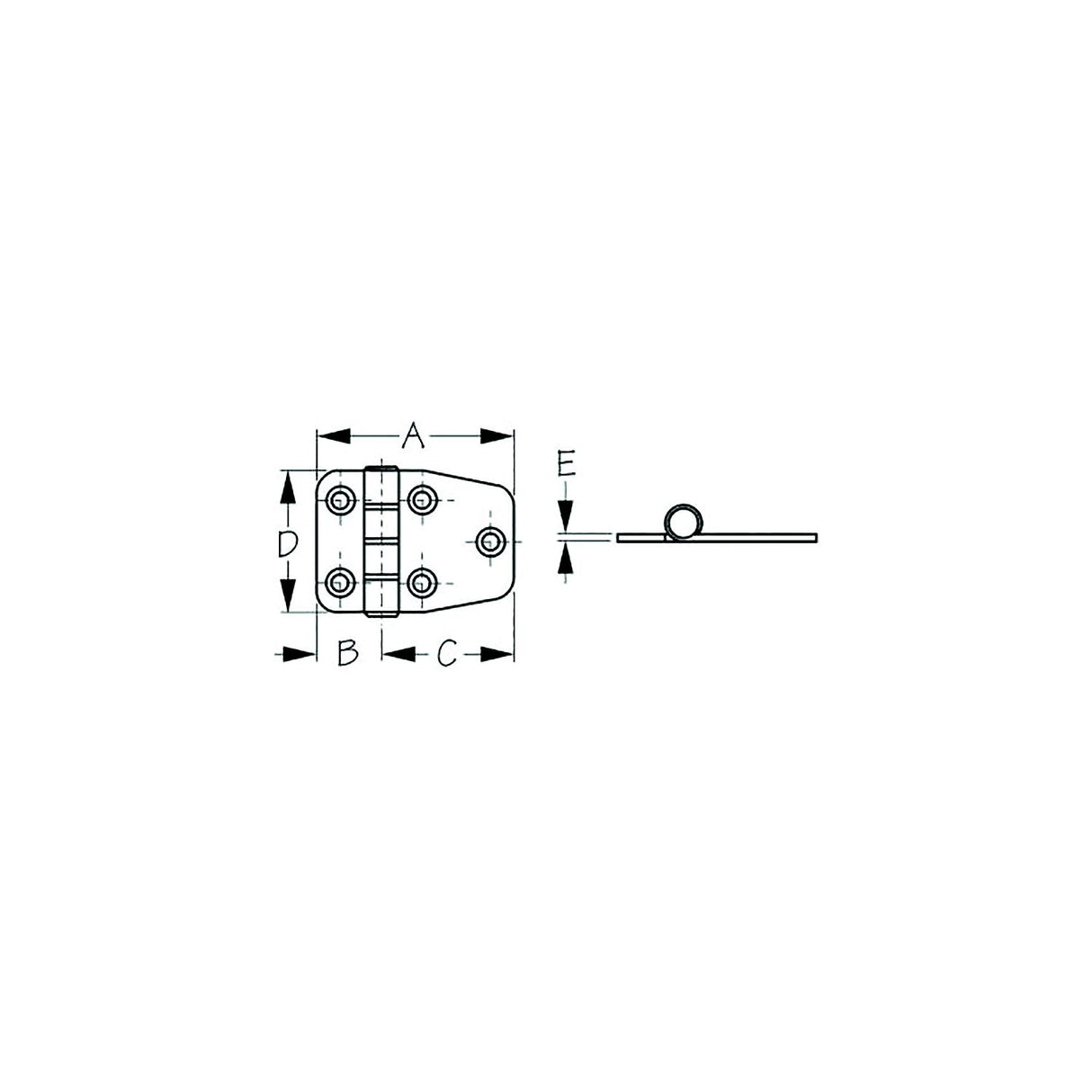 Sea-Dog 2035101 Dampening Short Side Door Hinge, #8 FH, Weight= .09/ .18 A= 2-1/8", B=11/16" C= 1-7/16", D= 1-1/2", E= 1/16" - image 1