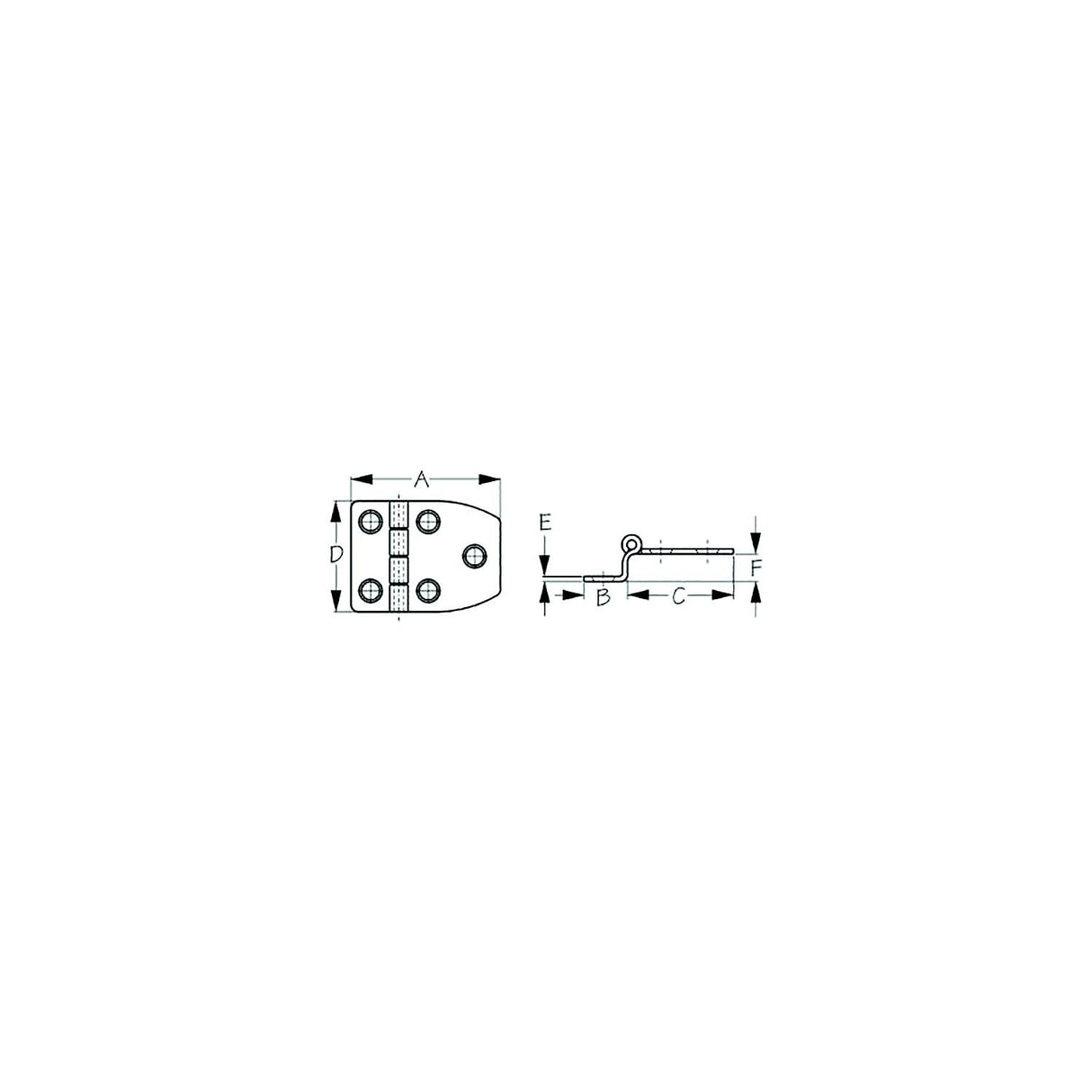 Sea-Dog 2035121 Dampening Offset Short Side Door Hinge #8 FH Weight .10/ .20 A=2-18", B=5/8", C=1-3/8", D=1-1/2", E= 1/16", F=3/8" - image 1