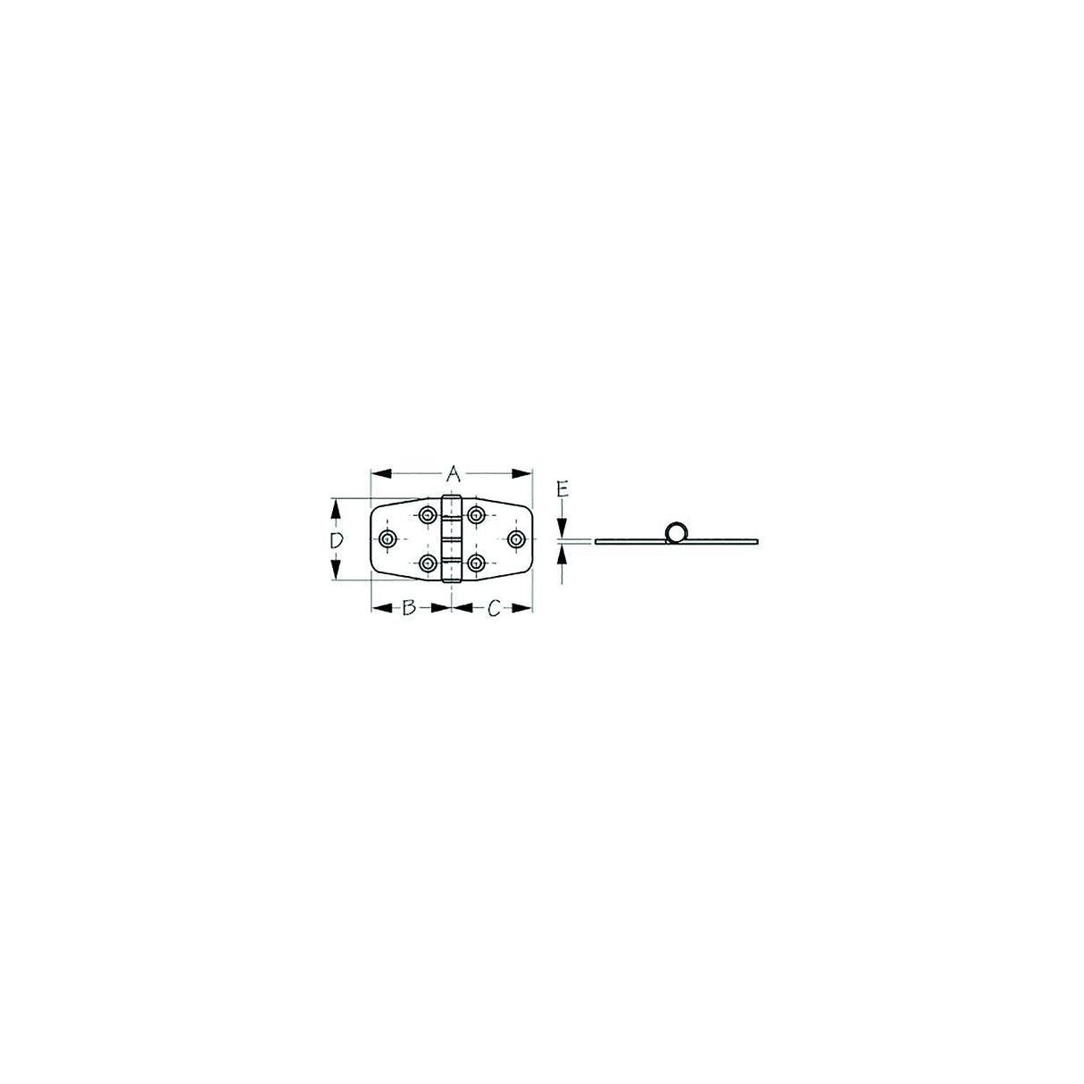 Sea-Dog 2035301 Dampening Door Hinge, #8 FH, Weight= .11/ .22 A= 2-7/8" , B=1-7/16", C=1-7/16" D=1-1/2", E=1/16" - image 1