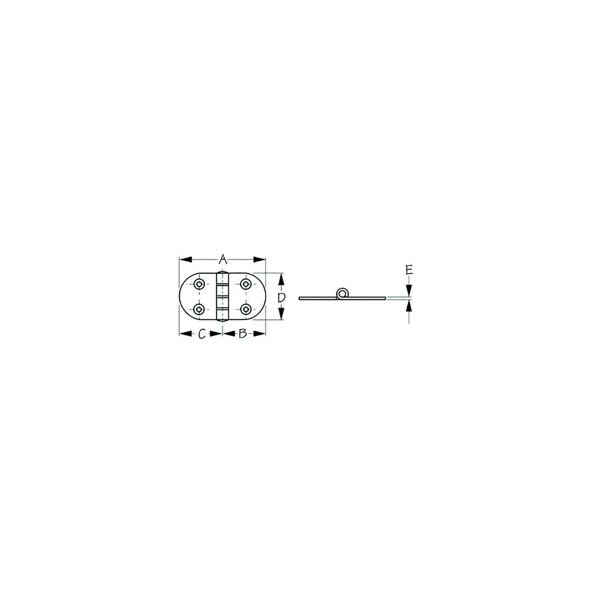 Sea-Dog 2037001 Dampening Round Side Door Hinge - Short, #8 FH, Weight = A=2-13/16" B= 1-7/16" C= 1-7/16" D=1-1/2" E= 1/16" - image 1