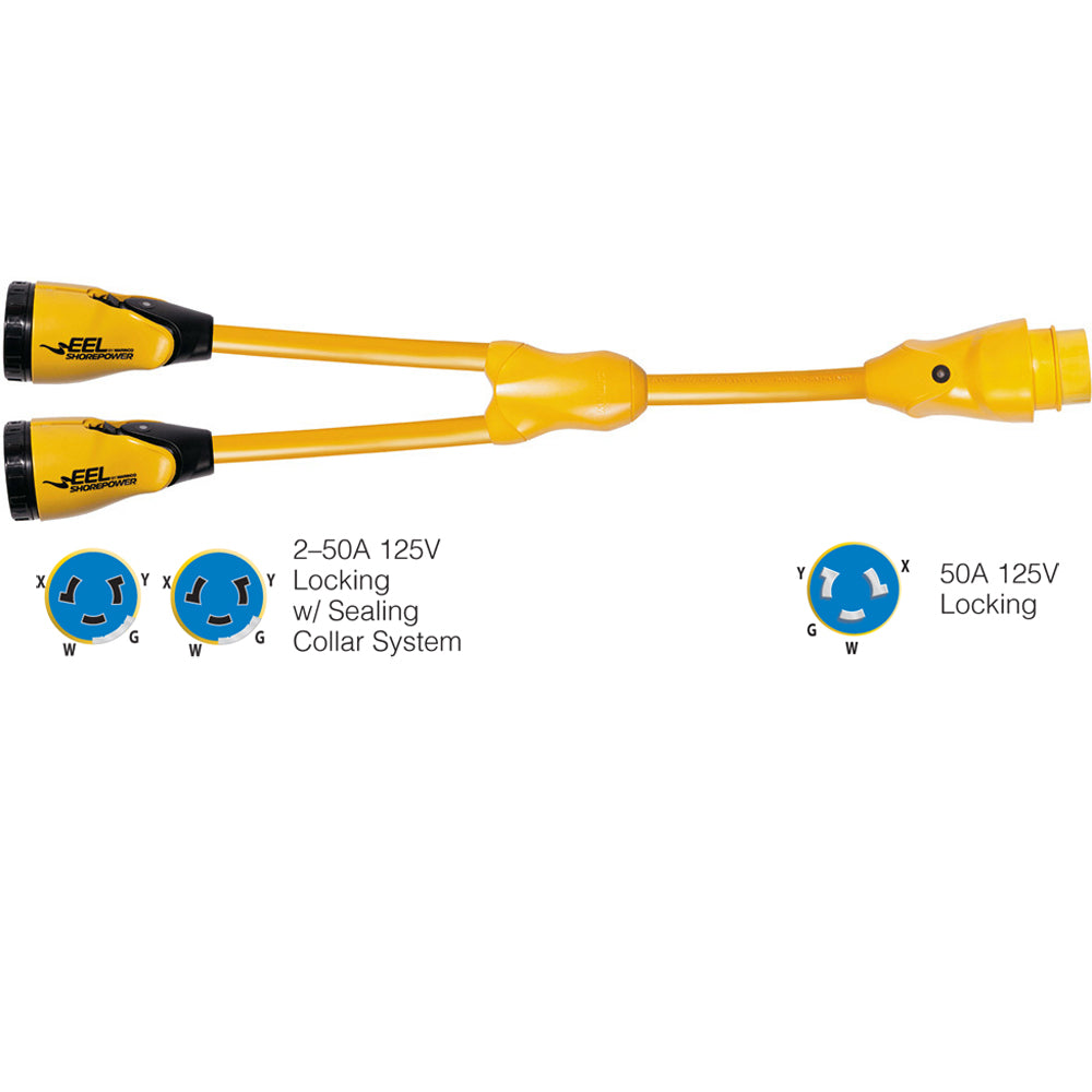 Marinco Y504-2-504 EEL (2)50A-125/250V hembra a (1)50A-125/250V adaptador "Y" macho - Amarillo [Y504-2-504]