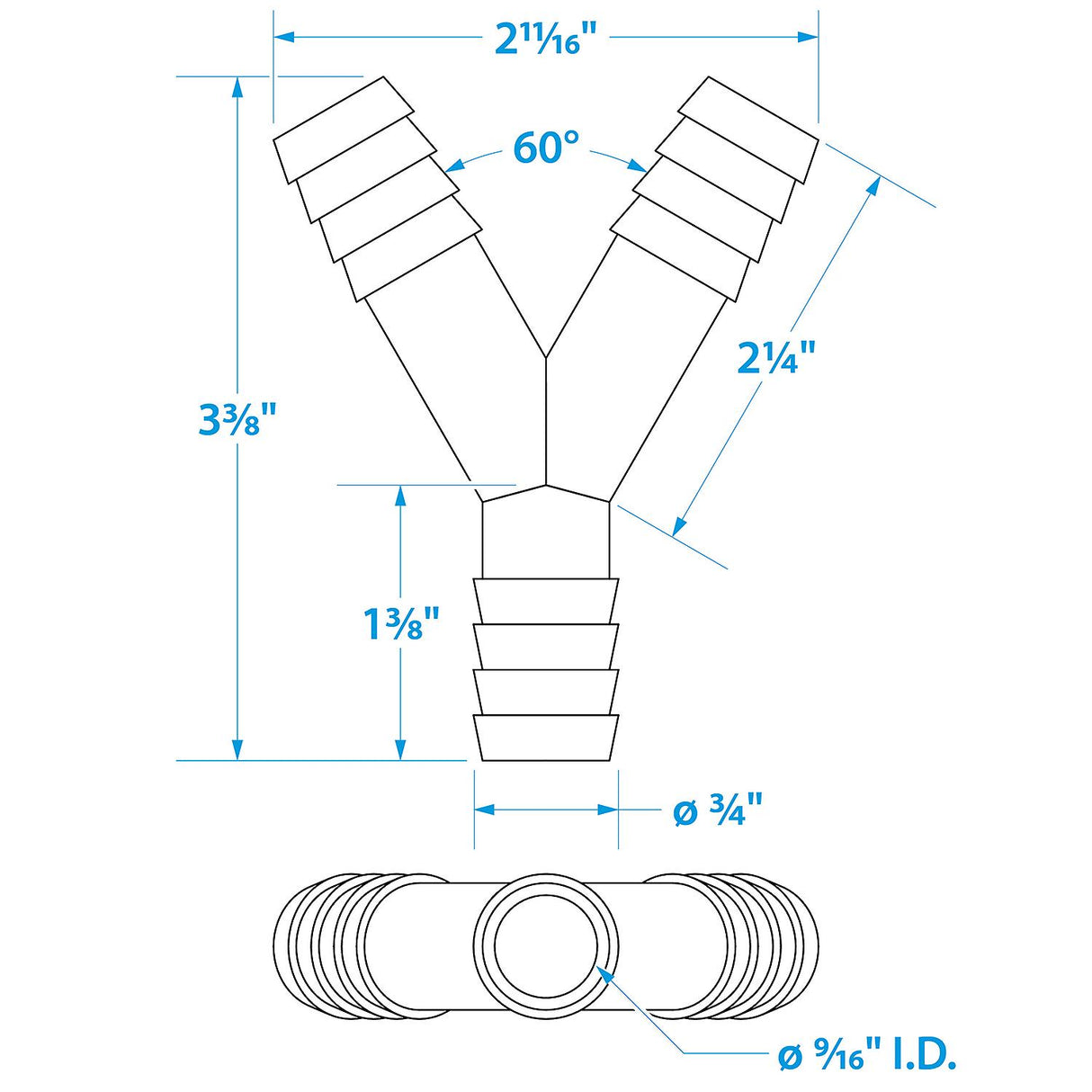 Seachoice 3-Way Y Fitting, Fits 3/4 in. ID Hose, Black Plastic - 18231