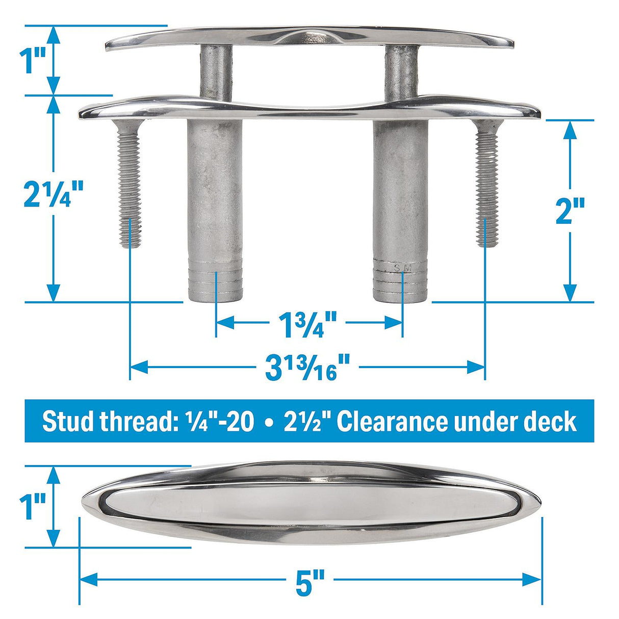 Seachoice 30042 316 Cast Stainless Steel Pull Up Cleat w/ Studs, Flush Mount, 5" long - 54022 - image 3