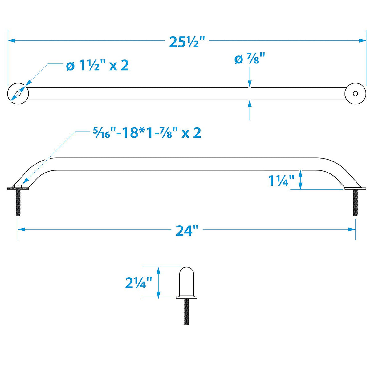 Seachoice Hand Rail w/ Studs, 24 In. Long, 304 Stainless Steel, 5/16-18 X 1-7/8 In. Studs - 38361 - official Seachoice product image 3