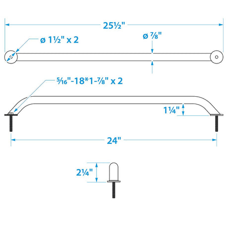 Seachoice Hand Rail w/ Studs, 24 In. Long, 304 Stainless Steel, 5/16-18 X 1-7/8 In. Studs - 38361 - official Seachoice product image 3