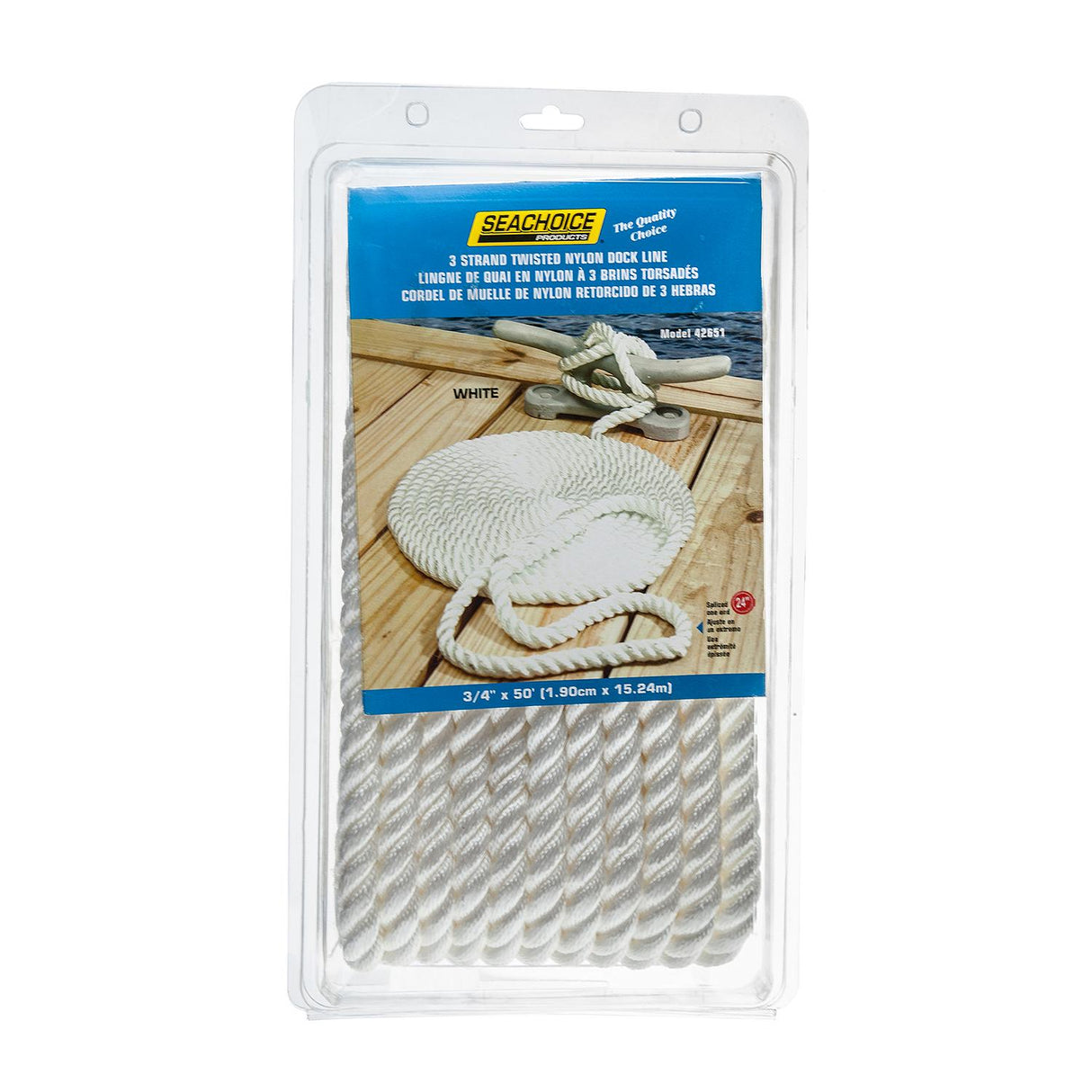Seachoice High Quality Dock Rope for Boating - 3-Strand Twisted Nylon Line, ¾-Inch x 50 Feet, White - 42651