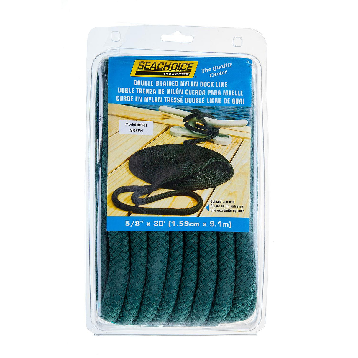 Seachoice 46981 Double-Braid Nylon Dock Line w/ Eye Splice, Pre-Shrunk, Heat Stabilized, 5/8 In. X 30 Ft., Forest Green - 46981