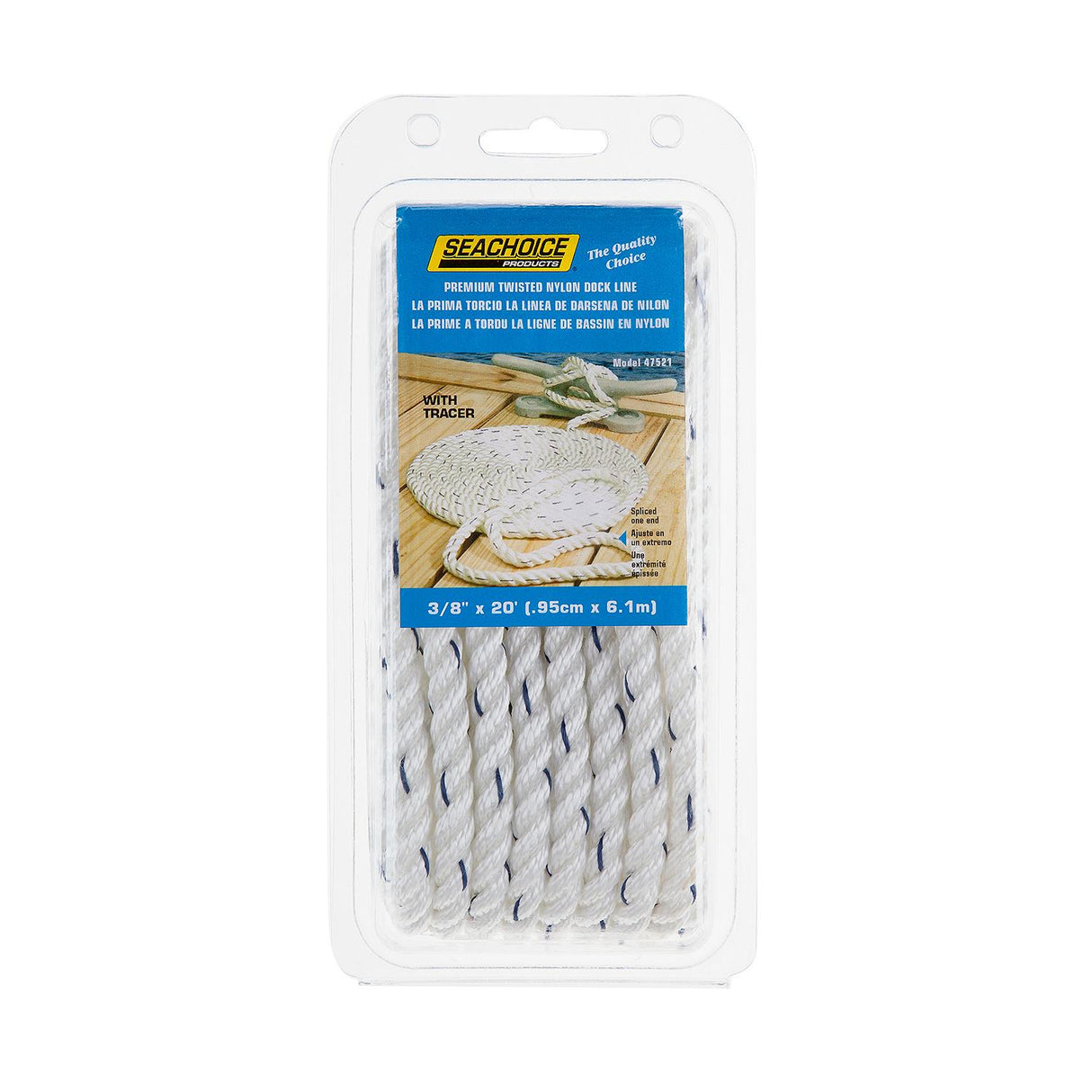 Seachoice Premium 3-Strand Twisted Nylon Dock Line With Tracer, White w/Blue Tracer, 3/8-Inch x 20 Feet, 10-Inch Eye Splice - 47521