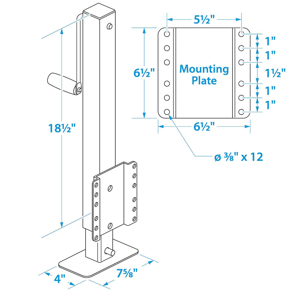 Seachoice Heavy Duty Trailer Jack, Fixed Mount Jack w/ Drop Leg, 28.6 In. of Lift, Max Load 2,500 Lbs. - 50-52051 - official Seachoice product image 6