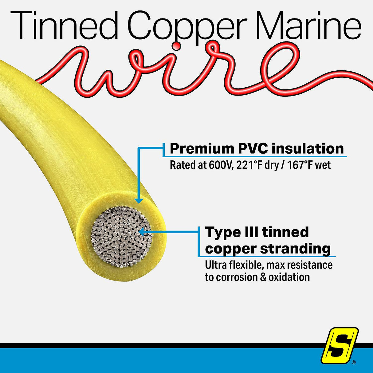 Seachoice 63054 Tinned Copper Marine Wire, 8 AWG, Yellow, 100' - 8TC-YELLOW-100 - official Seachoice product image 5