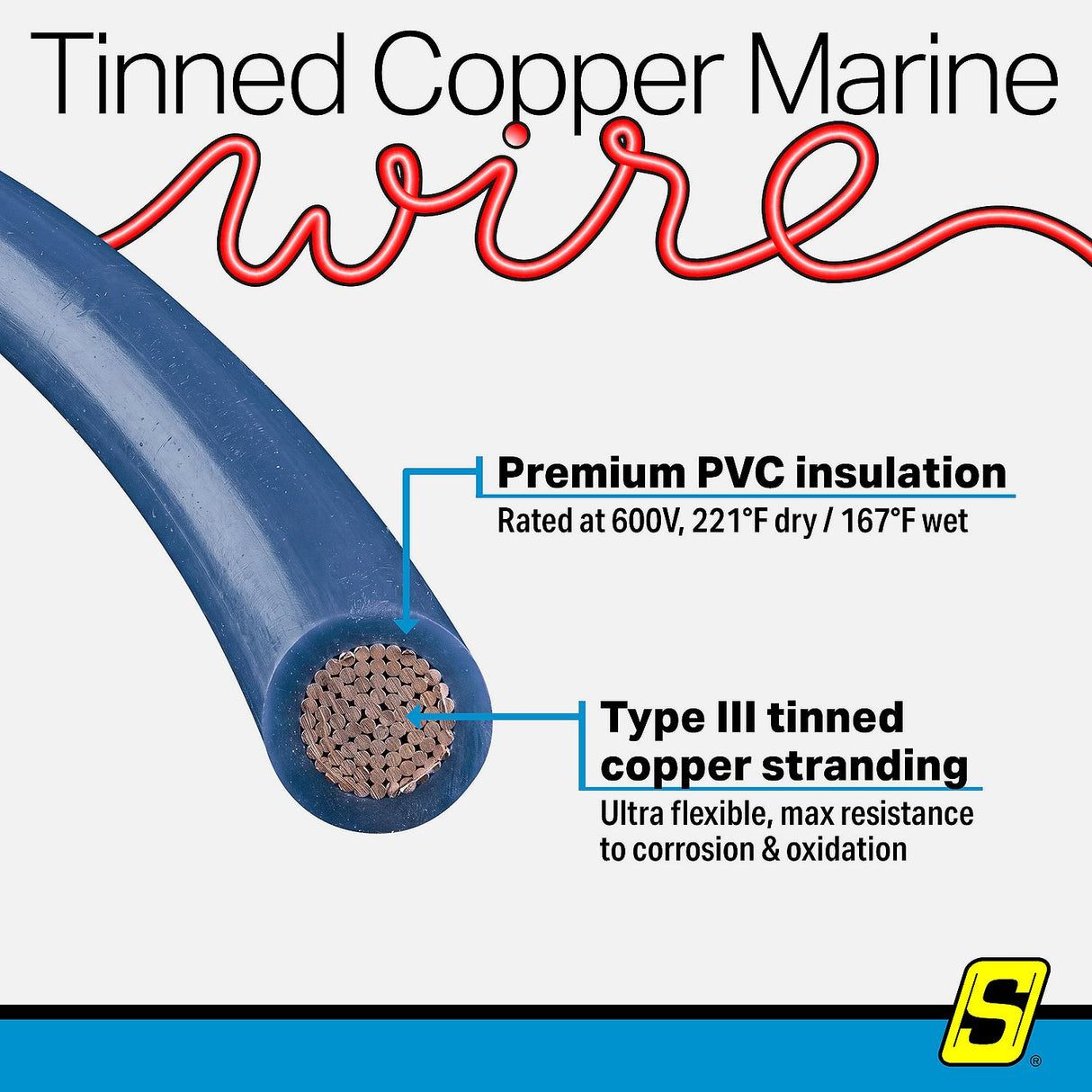 Seachoice 63091 Tinned Copper Marine Wire, 12 AWG, Dark Blue, 100' - 12TC-BLUE-100 - official Seachoice product image 4