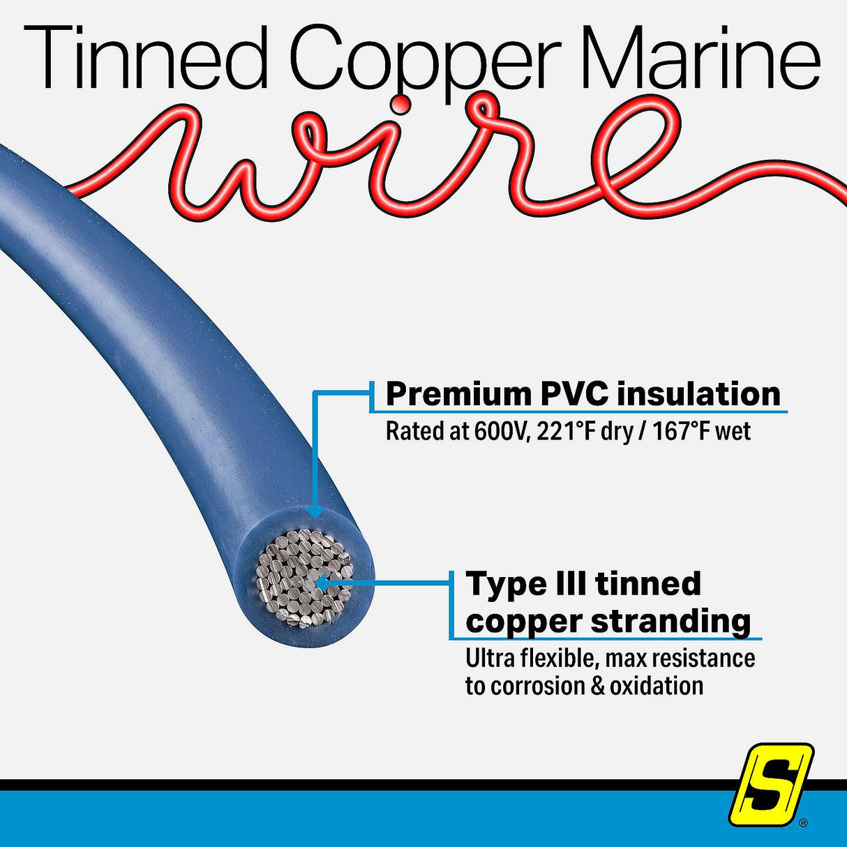 Seachoice 63111 Tinned Copper Marine Wire, 14 AWG, Dark Blue, 100' - 14TC-BLUE-100 - official Seachoice product image 4