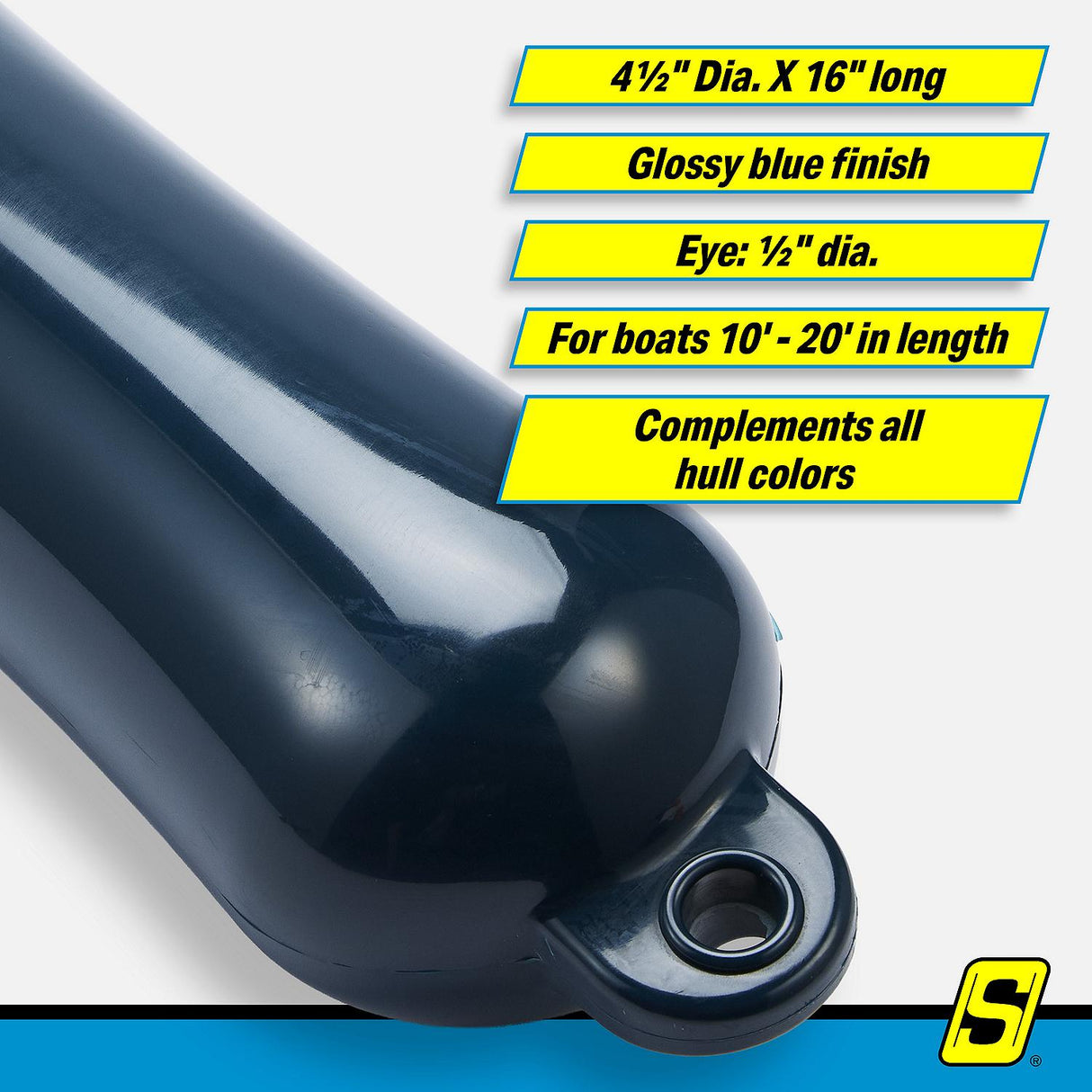 Seachoice 79075 Twin Eye Smooth Fender Blue, 4.5" x 16" - DE74162S - official Seachoice product image 3