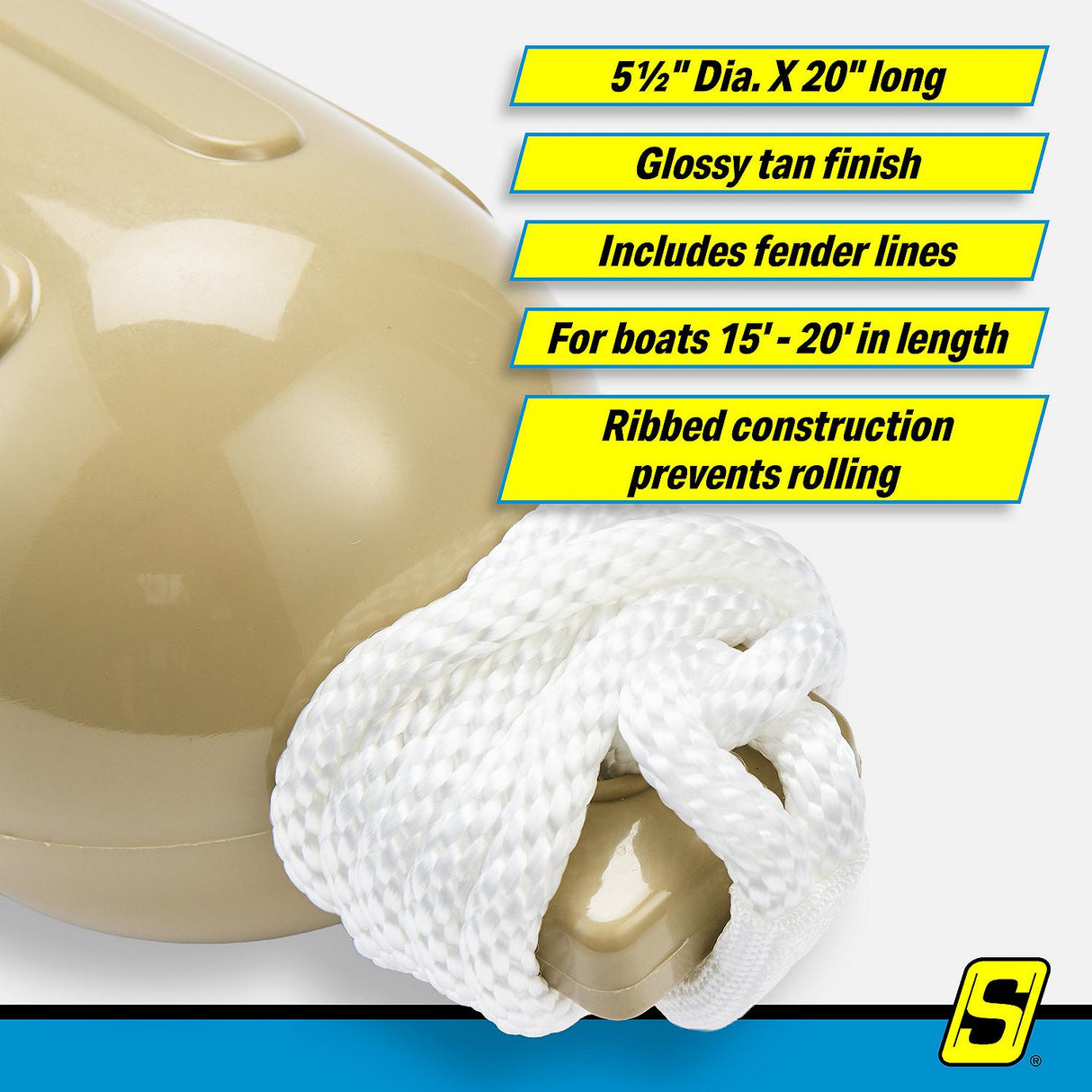Seachoice 79254 Twin Eye Ribbed Fender Kit (Includes 2 5.5" x 20" Tan Fenders and 2 Matching 3/8 x 5' Fender Lines) - DE77204S - official Seachoice product image 5