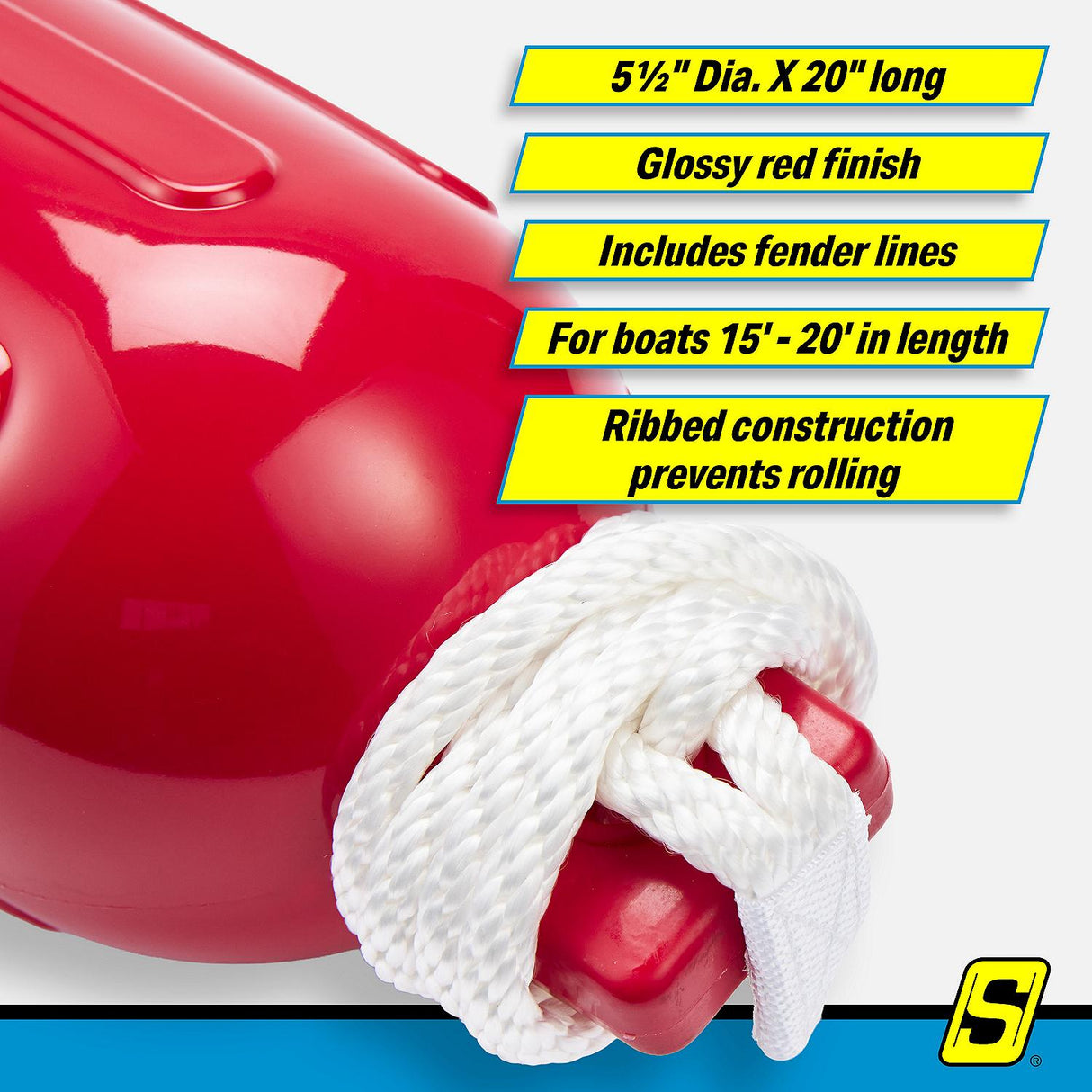 Seachoice 79256 Twin Eye Ribbed Fender Kit (Includes 2 5.5" x 20" Red Fenders and 2 Matching 3/8 x 5' Fender Lines) - DE77203S - official Seachoice product image 5