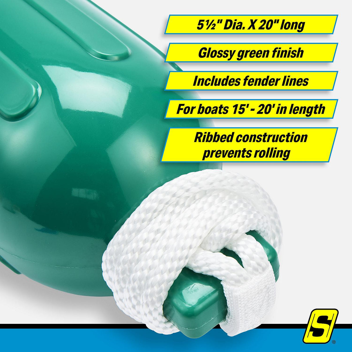 Seachoice 79257 Twin Eye Ribbed Fender Kit (Includes 2 5.5" x 20" Green Fenders and 2 Matching 3/8 x 5' Fender Lines) - DE77208S - official Seachoice product image 5
