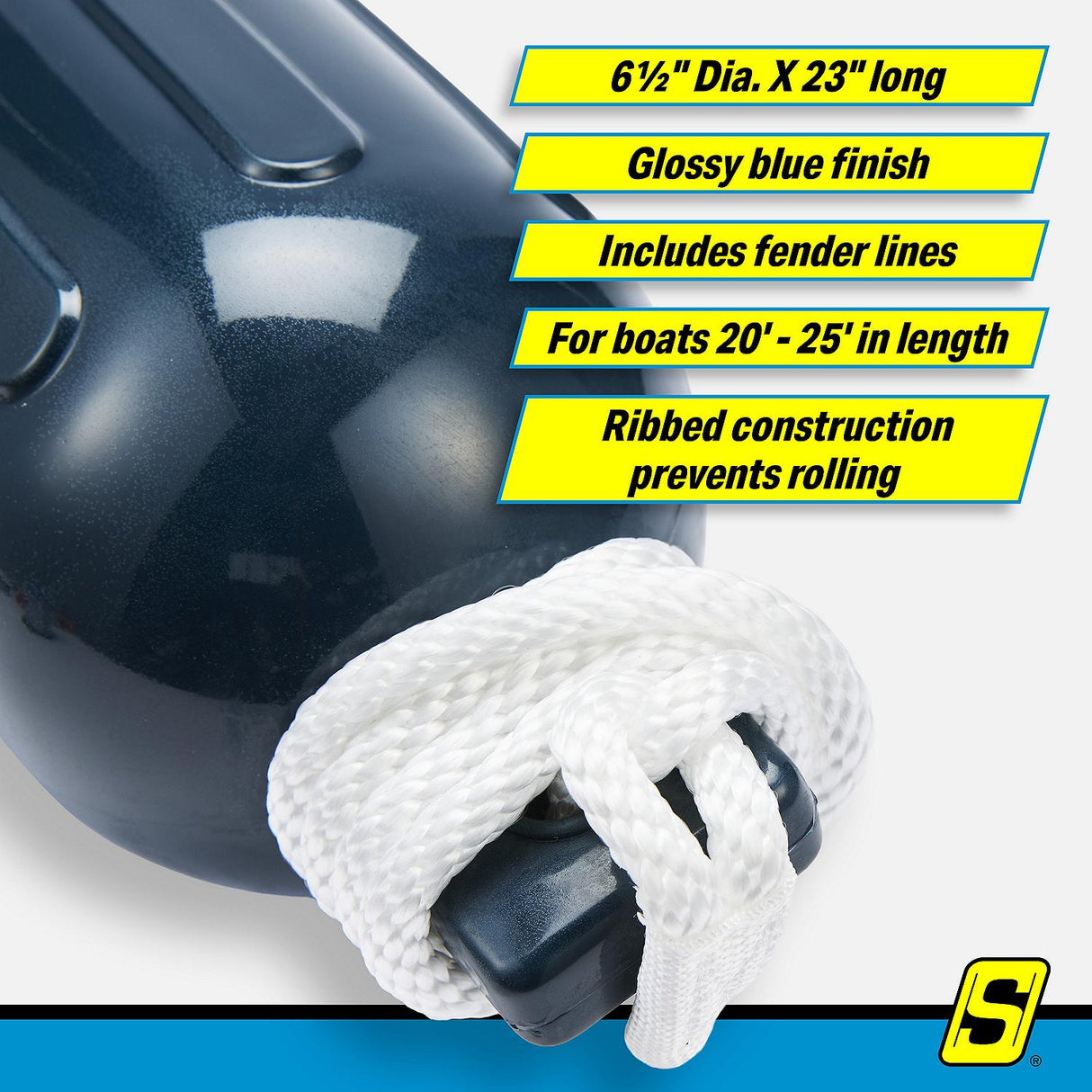 Seachoice 79273 Twin Eye Ribbed Fender Kit (Includes 2 6.5" x 23" Blue Fenders and 2 Matching 3/8 x 5' Fender Lines) - DE77232S - official Seachoice product image 5